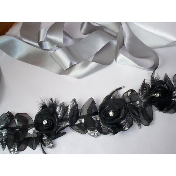 Black Bridal Wedding Belt Sash Rhinestone Feather Belt, Silver Black sash main image 2